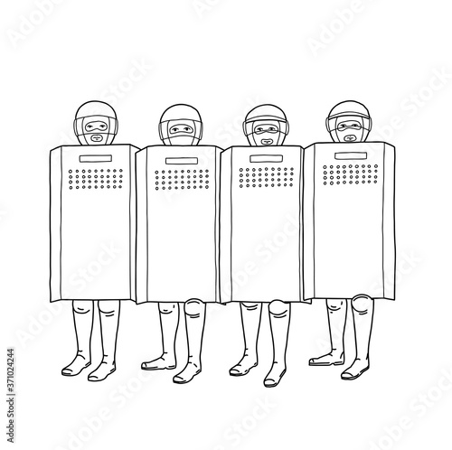 Male soldiers in helmets with shields. Dispersal of mass riots.