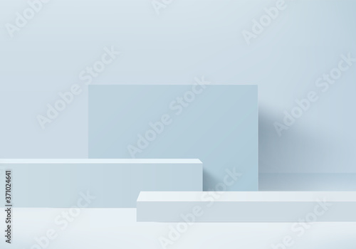 Cylinder abstract minimal scene with geometric platform. Summer background vector 3d rendering with podium. stand to show cosmetic products. Stage Showcase on pedestal modern 3d studio blue pastel