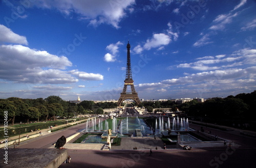 View of Eiffel Tower under blue sky in Paris, France © CYSUN