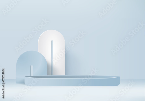 Cylinder abstract minimal scene with geometric platform. Summer background vector 3d rendering with podium. stand to show cosmetic products. Stage Showcase on pedestal modern 3d studio blue pastel