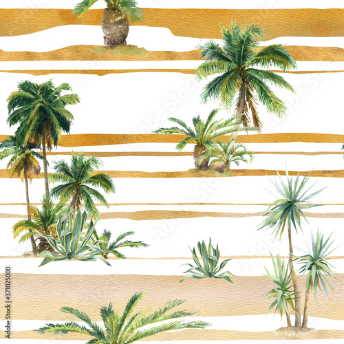 Picturesque seamless floral pattern of tropical plants (palms trees, agaves) and yellow stripes hand drawn in watercolor isolated on a white background. Watercolor floral pattern. Oasis pattern 