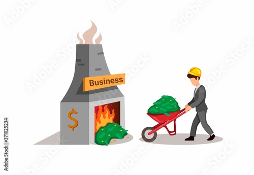 Business man carrying pill of money in wheelbarrow to burning money. business finance metaphor in cartoon illustration vector isolated on white background