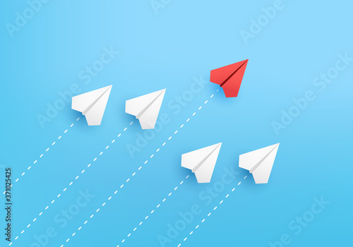 Business concept minimal as group of paper plane in one direction and with one individual pointing in different ways for creative innovative solution on 3D render vector. leadership for new ideas.