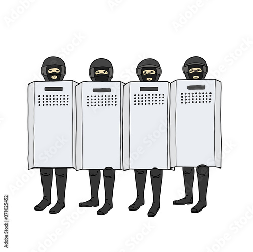 Male soldiers in helmets with shields. Dispersal of mass riots.
