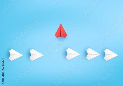 Business concept minimal as group of paper plane in one direction and with one individual pointing in different ways for creative innovative solution on 3D render vector. leadership for new ideas.