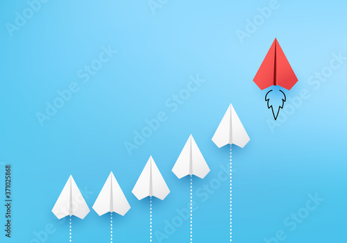 Fototapete Business concept minimal as group of paper plane in one direction and with one individual pointing in different ways for creative innovative solution on 3D render vector