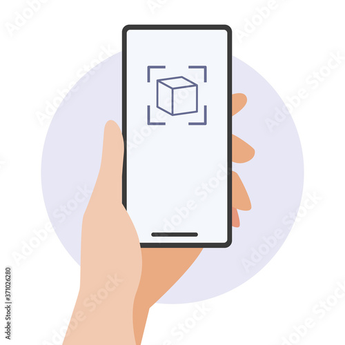 Hand holding smartphone with augmented reality scan concept.Vector illustration of hand holding smartphone with flat design series.