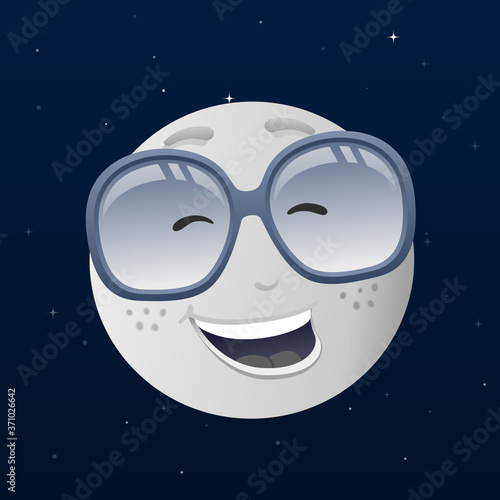 Moon cartoon character smiling at night.Vector illustration of cartoon moon character with sunglasses.