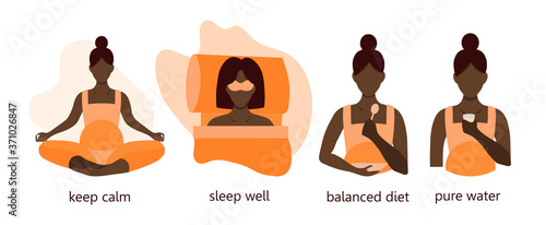 Illustration of an African American pregnant woman leading a healthy lifestyle. Black young woman eats right, drinks water, sleeps enough, meditates. Infographics for posters and flyers. Flat design