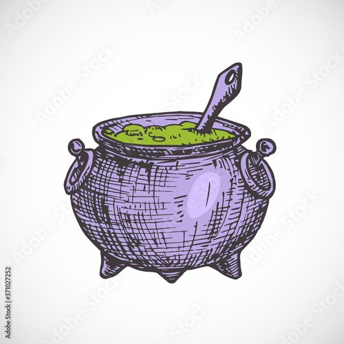 Hand Drawn Colorful Halloween Witch Cauldron Vector Illustration. Abstract Sketch Holiday Engraving Style Drawing.