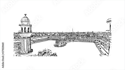 Building view with landmark of Amritsar is a city in the northwestern Indian state of Punjab. Hand drawn sketch illustration in vector.