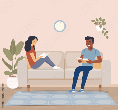 Afro american man and woman sitting on the couch with books. Vector flat illustration