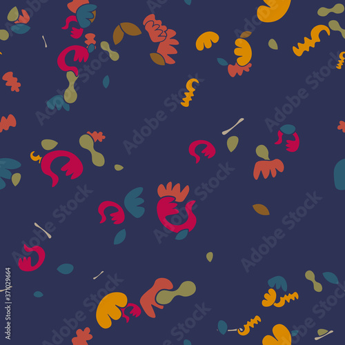 Abstract cartoon seamless pattern with different shapes. Messy background. Vector illustration. 