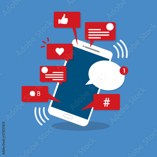 Viral content, social activity and smm - likes, shares and comments popping up on the mobile screen. Vector illustration.