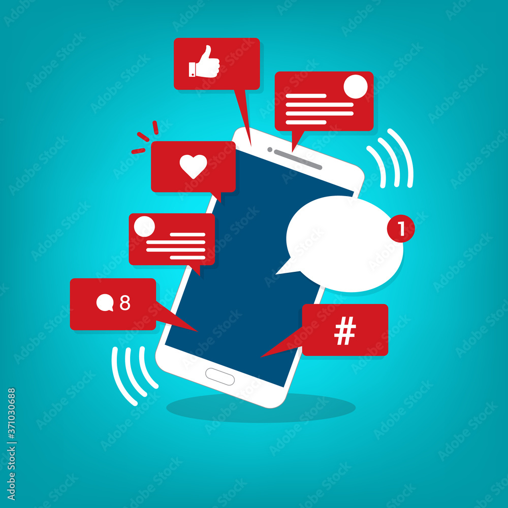 Viral content, social activity and smm - likes, shares and comments popping up on the mobile screen Viral content, social activity and smm - likes, shares and comments popping up on the mobile screen