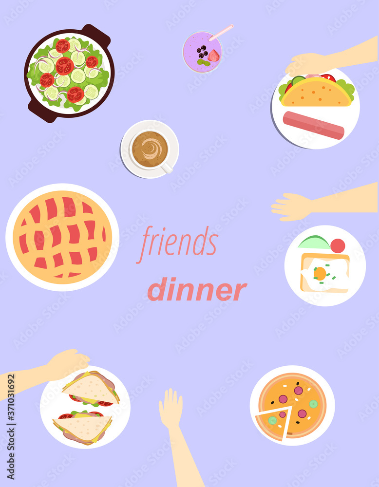 Dinner with friends, top view, a vector graphics