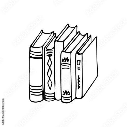Books doodle color linear icon. Books group standing vertical hand drawn illustration. Pile of different literature collection on library shelf. Vector cartoon elements isolated on white background