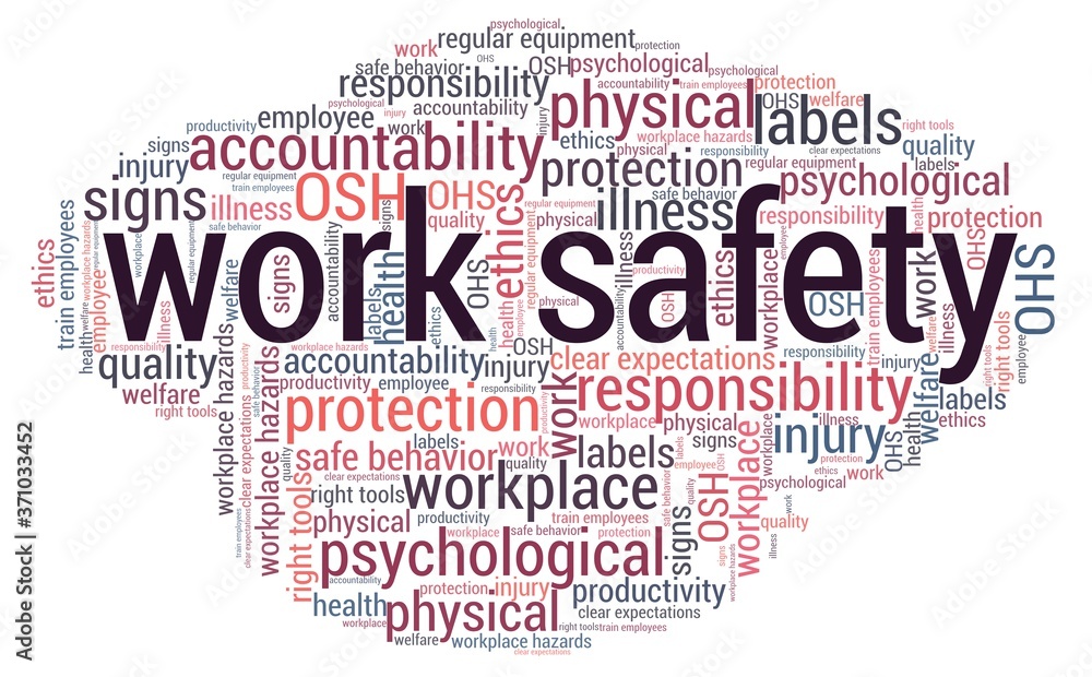 Work safety word cloud isolated on a white background.