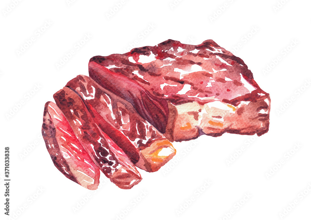 Fototapeta premium Grilled beef steak. Watercolor hand drawn illustration, isolated on white