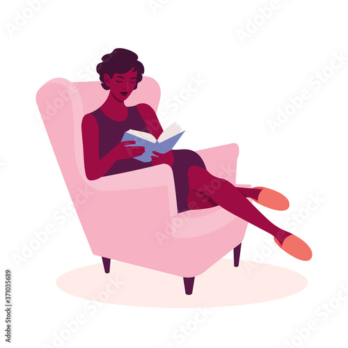 The African woman sits in an armchair and reads the book. Leisure of the house. Vector flat illustration