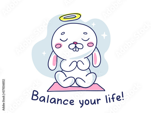 Vector illustration of a calm white rabbit with nimb above head sitting in the lotus position.