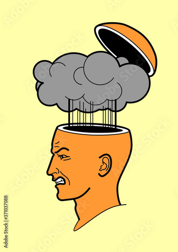 Human head. A man's brain is open. Form of an open human head. Profile man. Explosion in the head. Explosion in head. My brain is boiling. Smoke comes out of open head. Anger, aggression. Headache. 