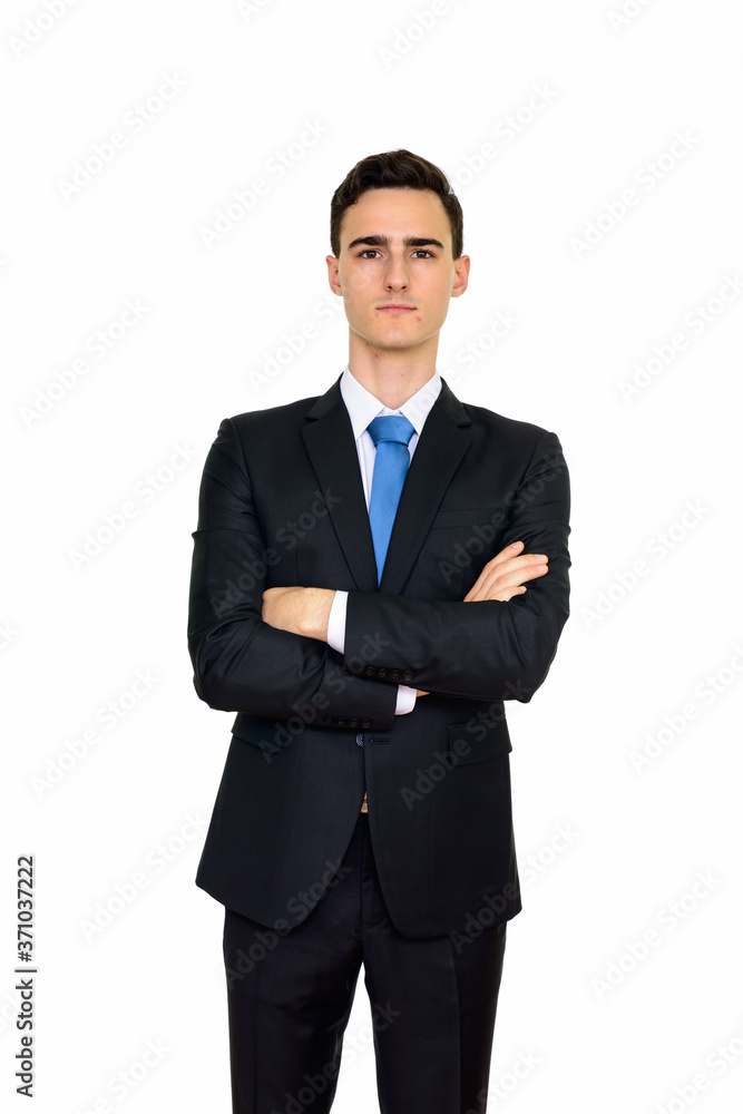 Studio shot of young handsome Caucasian businessman isolated against white background Studio shot of young handsome Caucasian businessman isolated against white background