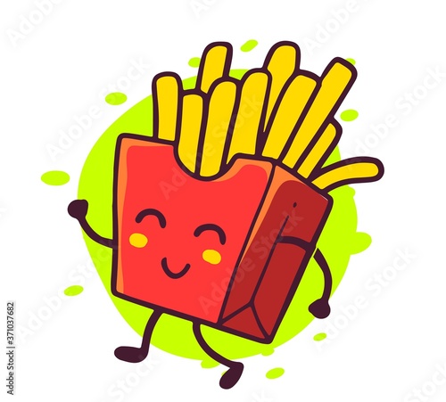 Vector illustration of happy french fries character on white bac