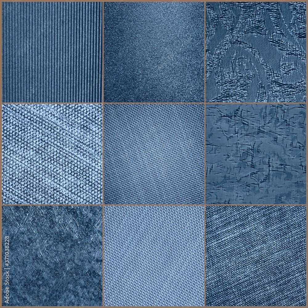 Fototapeta premium Collage of solid blue and light blue squares with different patterns textile texture. Template for the decoration of ceramic tiles and wallpaper design. High quality photo