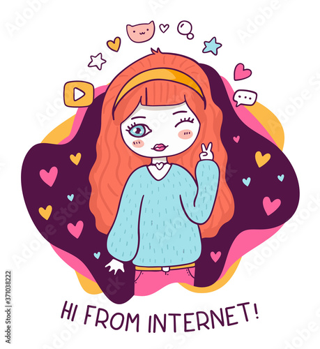 Vector close up social media service illustration with a cool girl, icon and heart.