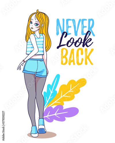 Vector summer illustration of a fashion blonde girl look back in a shorts and a t-shirt with long hair and leg.