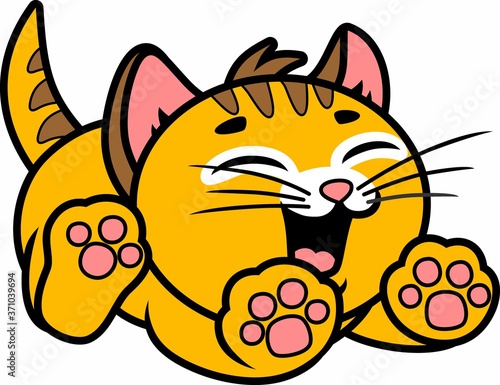 A small, cute kitten yawns and stretches. Cartoon character.