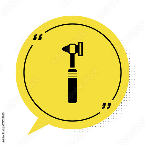 Black Medical otoscope tool icon isolated on white background. Medical instrument. Yellow speech bubble symbol. Vector Illustration.