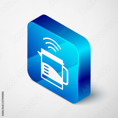 Isometric Smart electric kettle system icon isolated on grey background. Teapot icon. Internet of things concept with wireless connection. Blue square button. Vector.