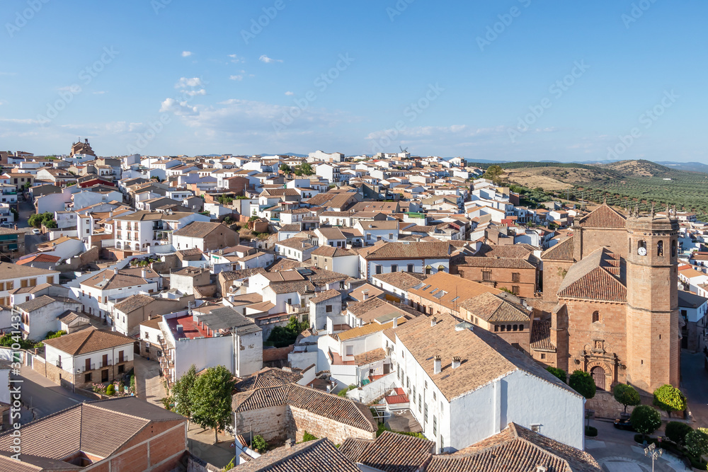 Aerial view of historic town Banos de la Encina, town of Jaen. Andalusia, Spain