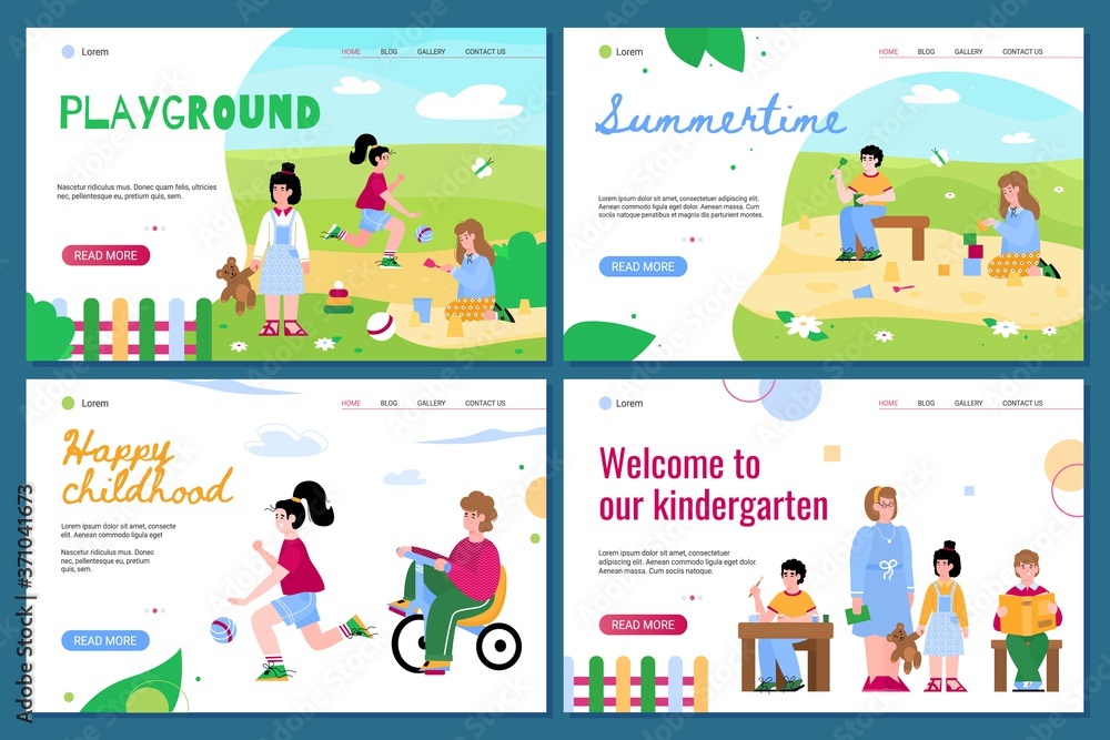 Set of web page templates for kindergarten and children summer playground with little kids, flat cartoon vector illustration. Preschool education landing pages.