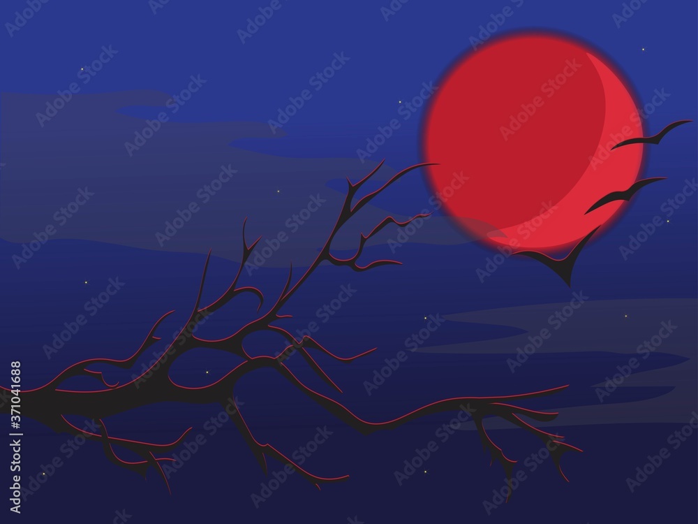 Abstract illustration with bright red full moon, clouds and stars, birds and branches of a tree on a dark blue night sky backdrop