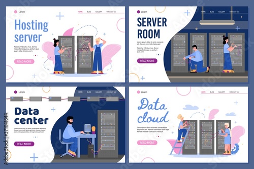 Set of website pages for hosting server and data center services with people characters organising computer connection and information storage, flat vector illustration.