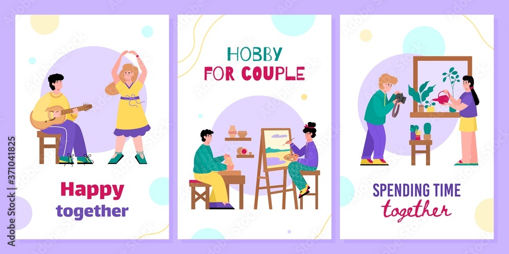 Creative hobby for couple - cartoon poster set with people on date playing music, doign pottery, photography and painting. Vector illustration of dating activities