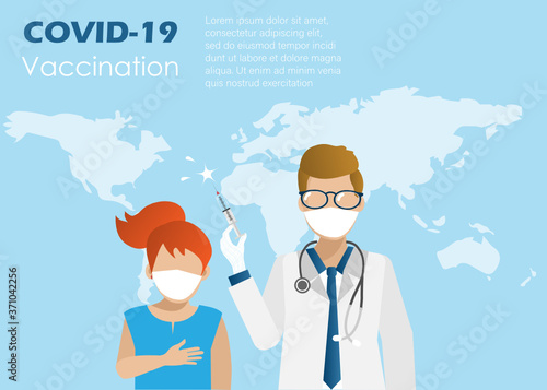 World hope for COVID-19 coronavirus vaccine.Doctor man wearing face mask holding syringe fill with COVID-19 vaccine injecting to little kid girl. Vaccination, healthcare and medical treatment concept.