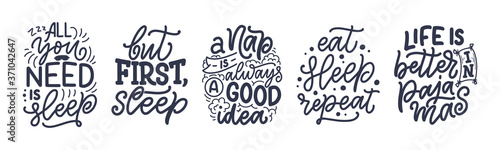 Set with lettering slogan about sleep and good night. Design for graphic, prints, poster, card, sticker and other creative uses. Vector
