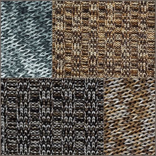 Collage of beige and brown squares of different knitting patterns. Template for the decoration of ceramic tiles and wallpaper design. High quality photo