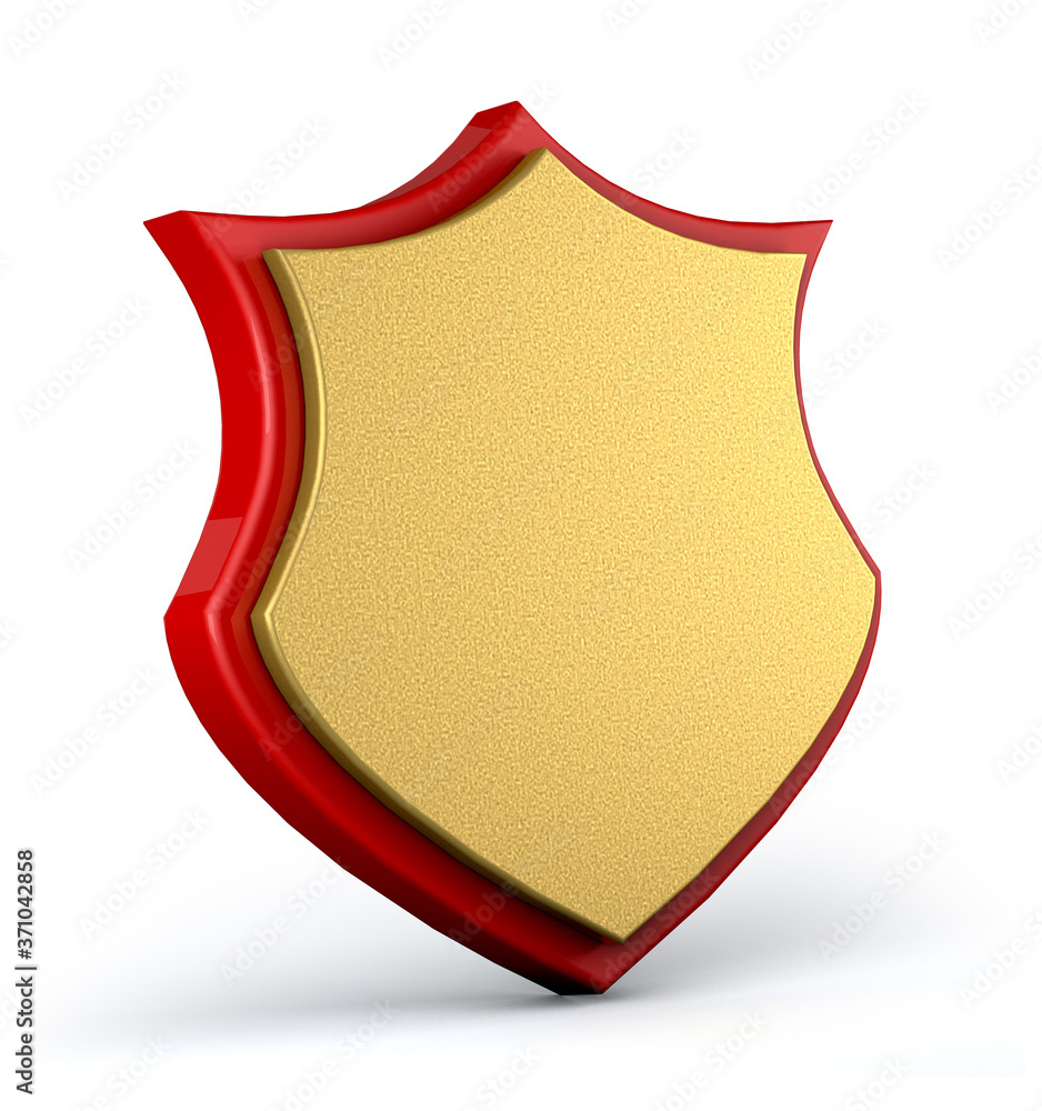 Gold and red shield isolated on white background. Shield security 3d render. Gold and red shield isolated on white background. Shield security 3d render.