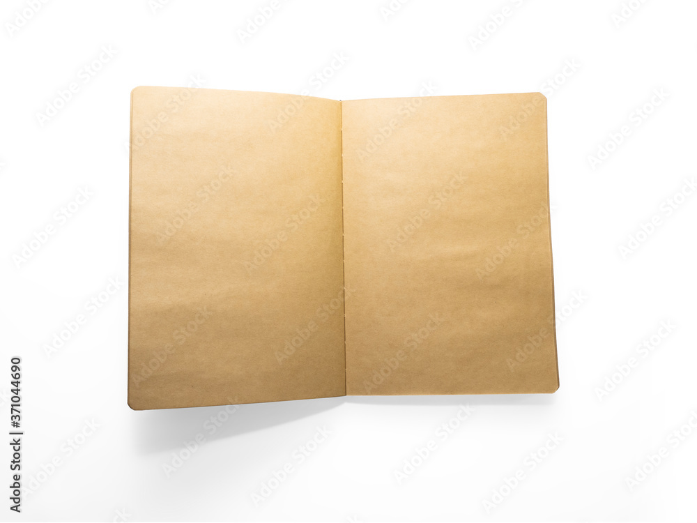 Open brown paper notebook with blank pages isolated on white background
