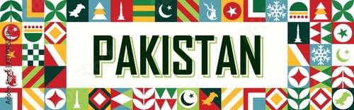 Banner for Independence day of Pakistan on 14th august. Pakistan National day celebration. Different colorful icons in squares representing Pakistani culture & tourism for tourists. Life in Pakistan.