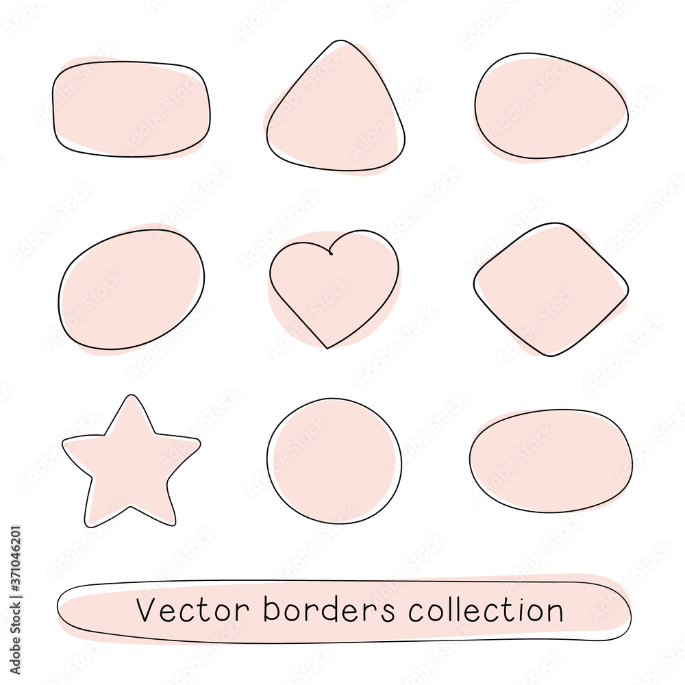 Abstract pastel sketch stamp doodle frames of rectangle, oval, circle, heart, star brush. Template of Handwritten shapes isolated vector borders set. Pastel color background for text, tagline or logo.
