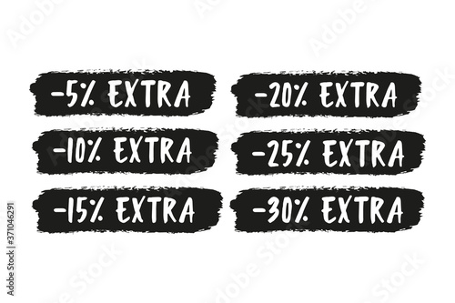 Hand sketched word EXTRA. Hand sketched sale tags set 5%, 10, 15, 20, 25, 30, percent label