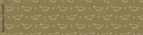 Seamless background cute plesiosaur dinosaur gender neutral baby border pattern. Simple whimsical minimal earthy 2 tone color. Kids nursery decor edging fashion ribbon trim.