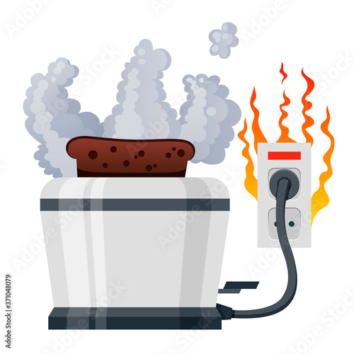 Broken toaster smoking. Electric small appliance for roasting of sliced bread burned out.