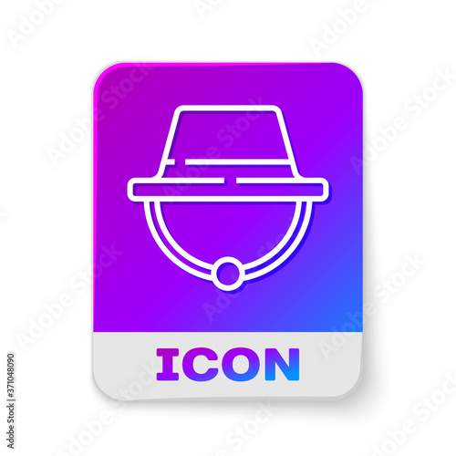 White line Camping hat icon isolated on white background. Beach hat panama. Explorer travelers hat for hunting, hiking, tourism. Rectangle color button. Vector Illustration.